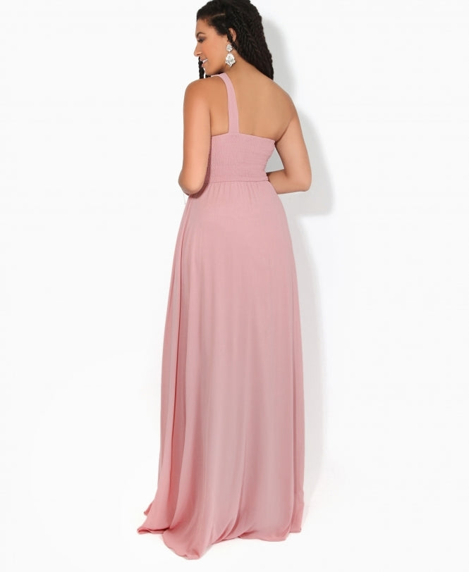 One Shoulder Chiffon Maxi Bridesmaid Dress Dark Pink for Women - gallery