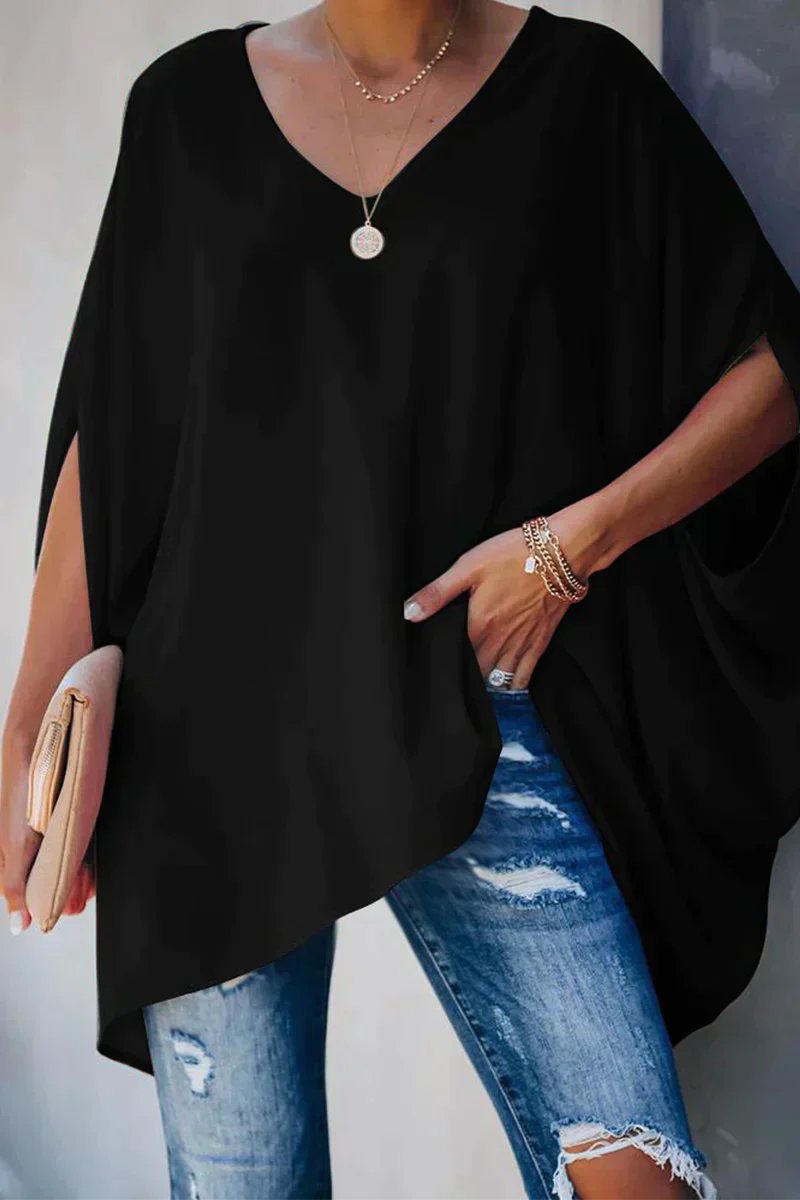Loose-Fit Woven Blouse with V-Neckline and Pleat Detail