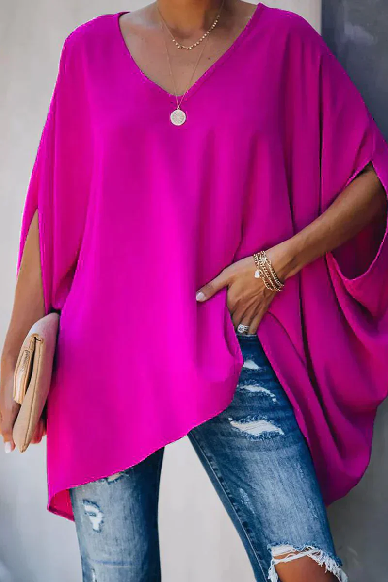 Loose-Fit Woven Blouse with V-Neckline and Pleat Detail