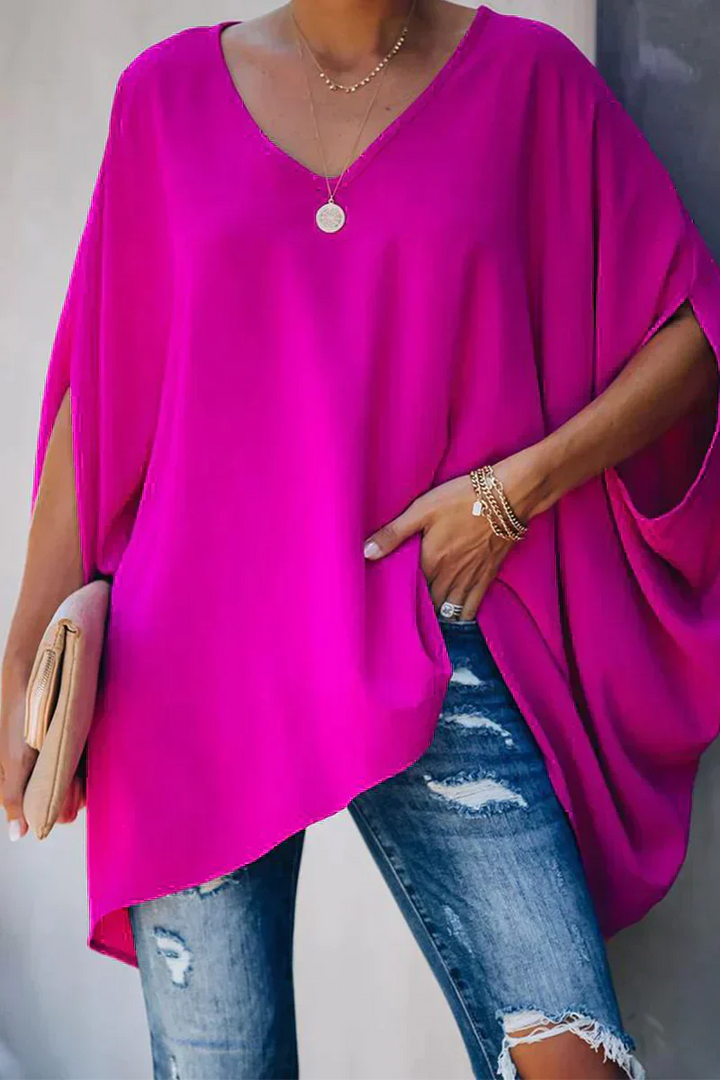Loose-Fit Woven Blouse with V-Neckline and Pleat Detail