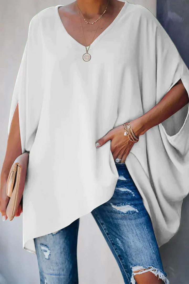 Loose-Fit Woven Blouse with V-Neckline and Pleat Detail