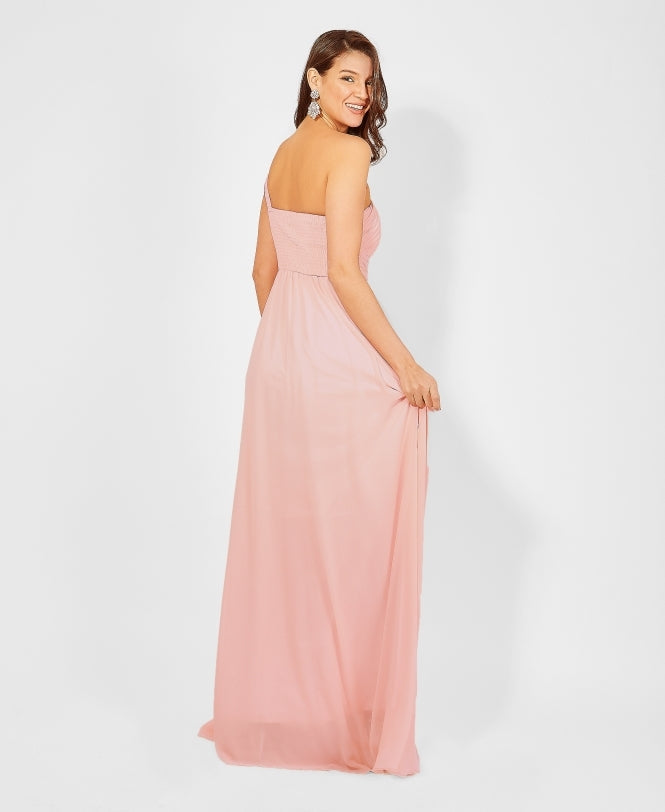 One Shoulder Chiffon Maxi Bridesmaid Dress Pink for Women - gallery