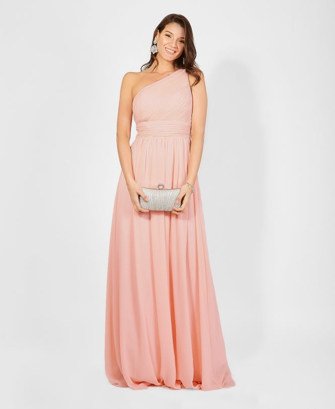 One Shoulder Chiffon Maxi Bridesmaid Dress Pink for Women - gallery