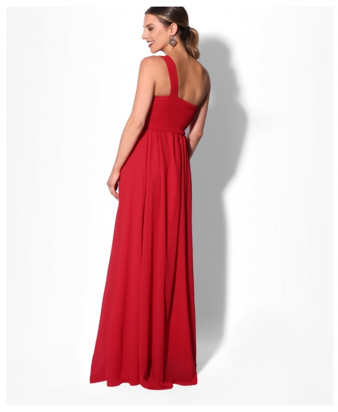 One Shoulder Chiffon Maxi Bridesmaid Dress Red for Women - gallery