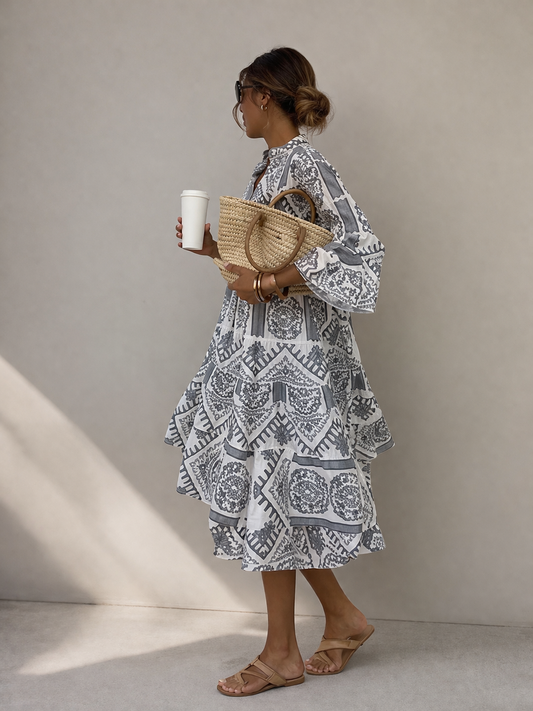 Solara - Bohemian V-Neck Print Midi Dress for Women