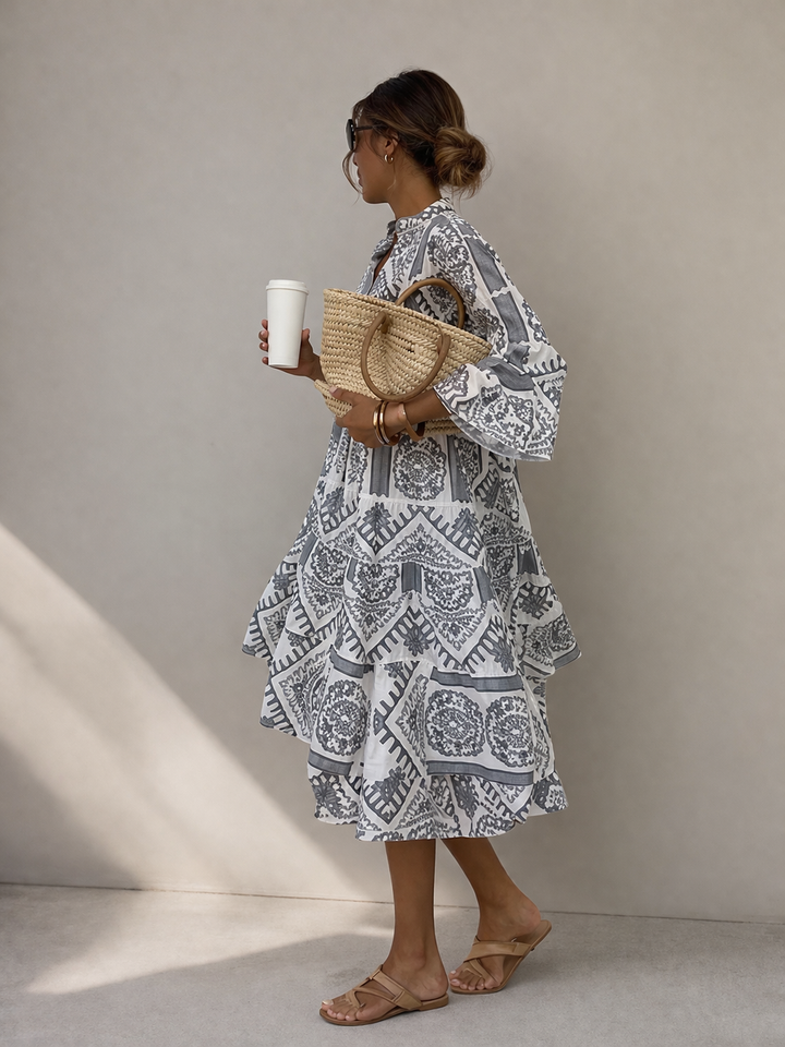 Solara - Bohemian V-Neck Print Midi Dress for Women