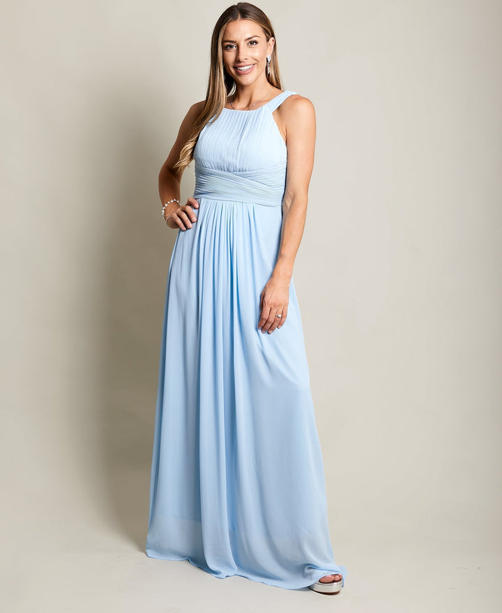 Pleated Front Chiffon Maxi Dress Aqua for Women