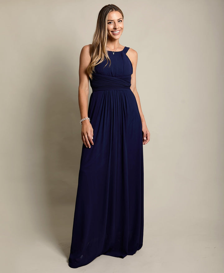 Pleated Front Chiffon Maxi Dress Navy for Women