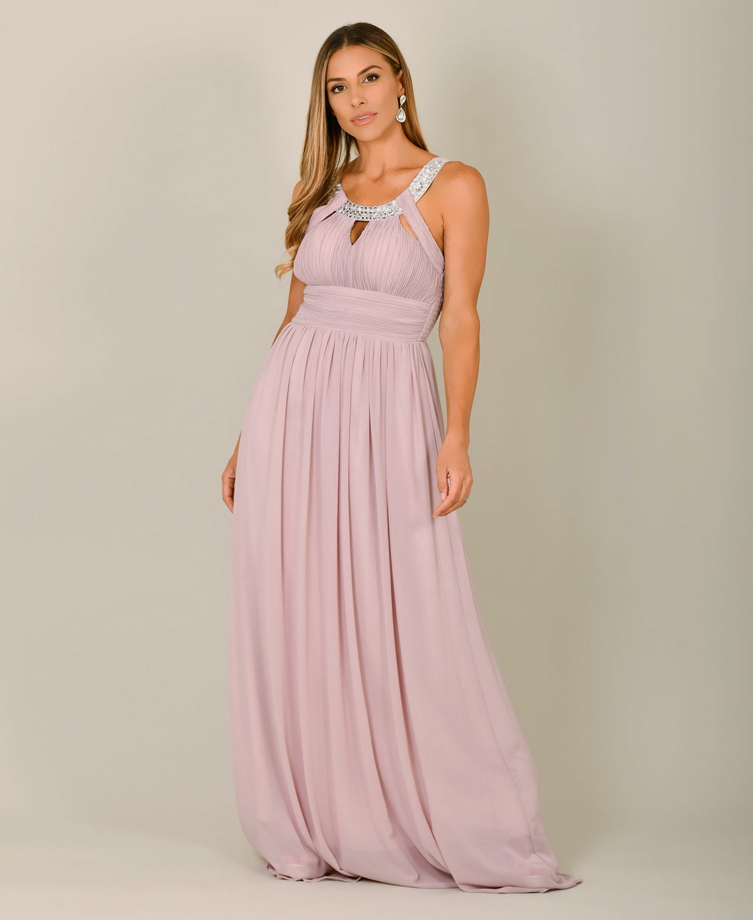 Diamante Neck Chiffon Maxi Dress Taupe for Women