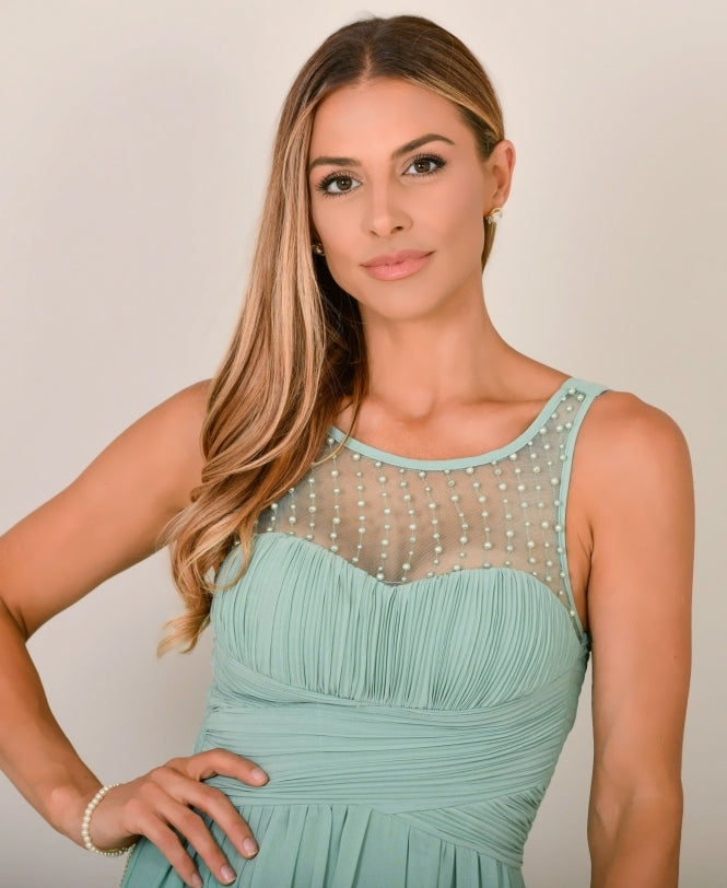 Gem & Mesh Front Chiffon Maxi Dress Sage Green for Women - gallery