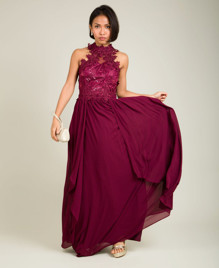 Lace Halterneck Maxi Dress Wine for Women