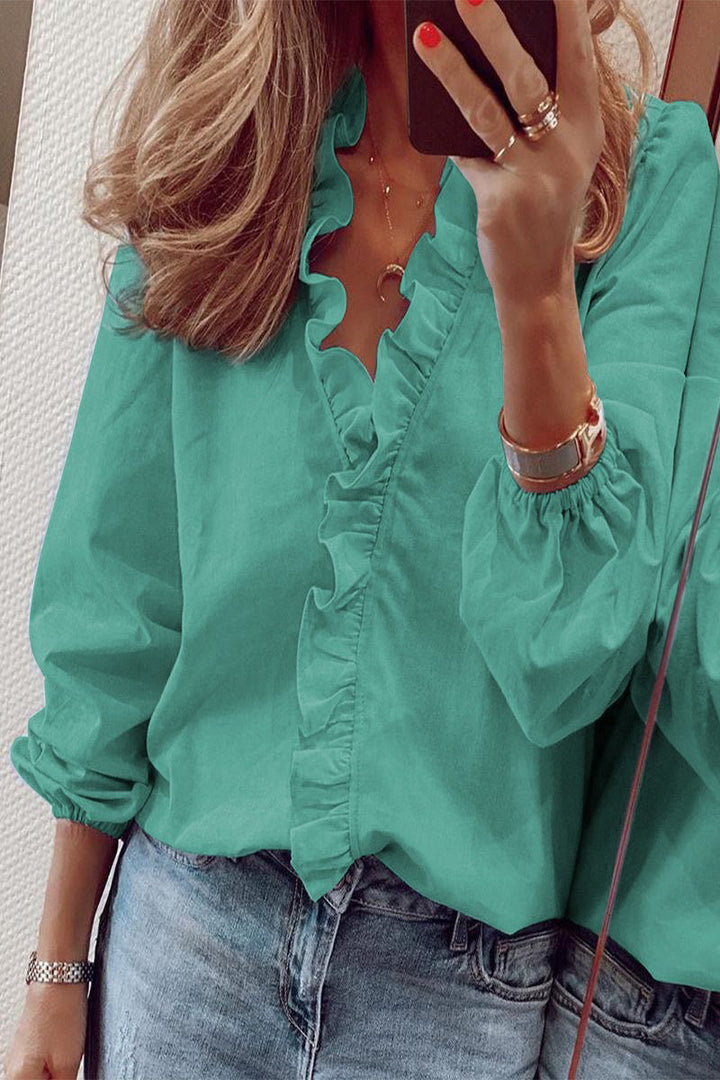 Ruffled V-Neck Long Sleeve Blouse with Ruffle Detail