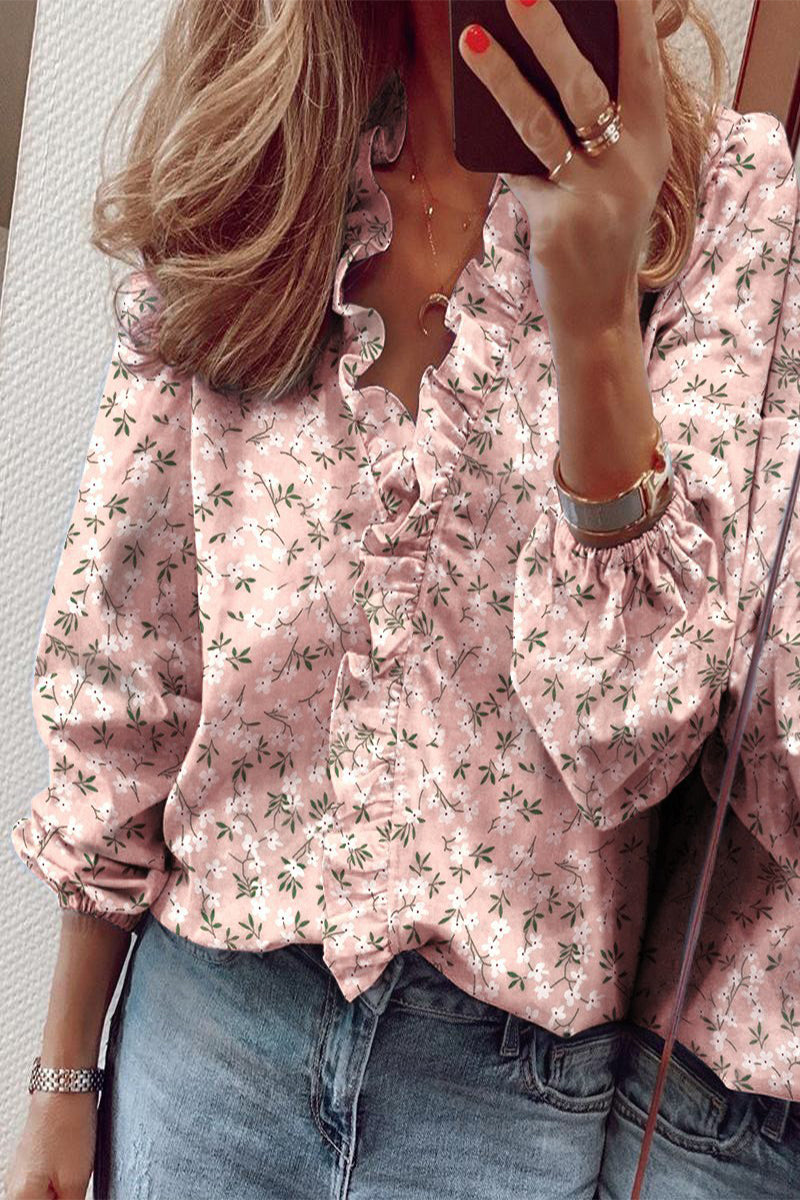 Ruffled V-Neck Long Sleeve Blouse with Ruffle Detail