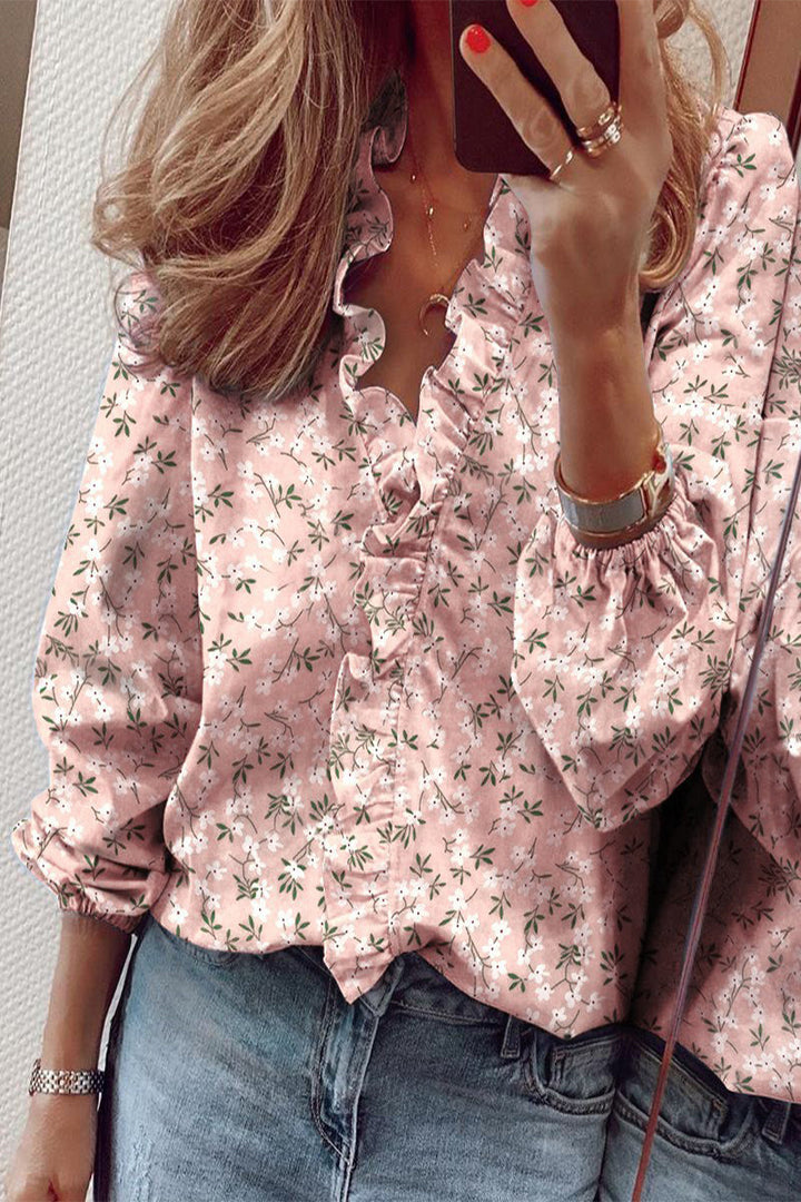 Ruffled V-Neck Long Sleeve Blouse with Ruffle Detail