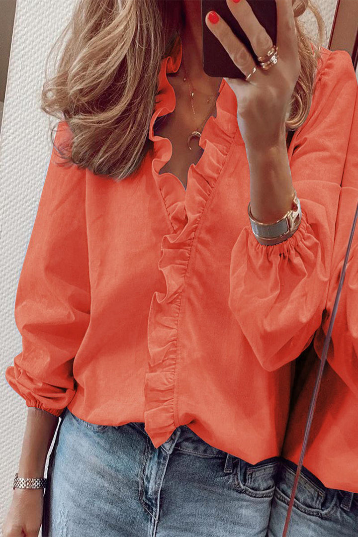 Ruffled V-Neck Long Sleeve Blouse with Ruffle Detail