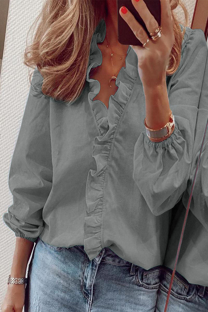 Ruffled V-Neck Long Sleeve Blouse with Ruffle Detail