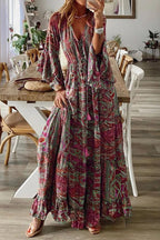 Bohemian V-Neck Dress with Flared Trumpet Sleeves