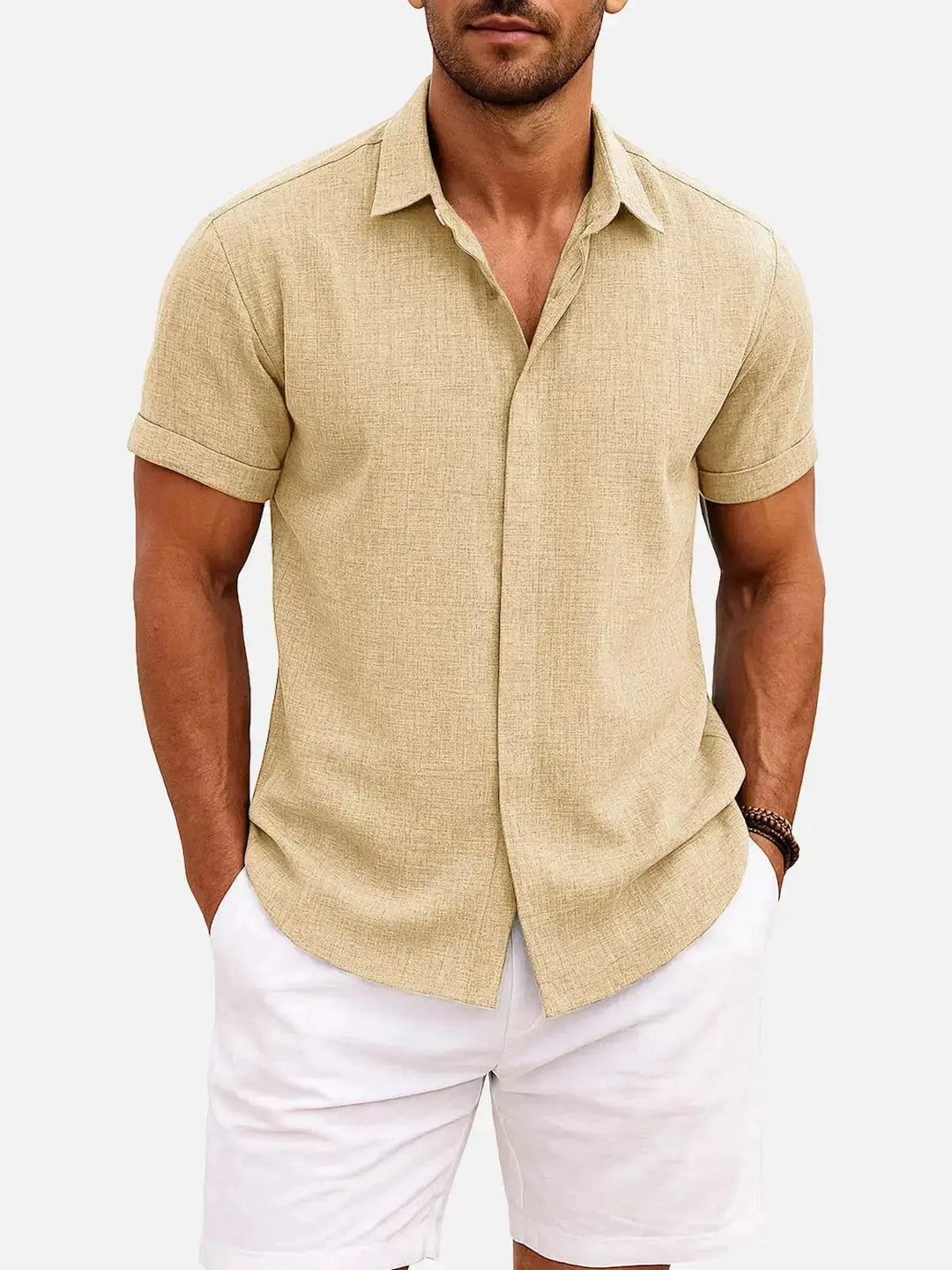 Linen Cotton Blend Short Sleeve Shirt for Men - Yellow