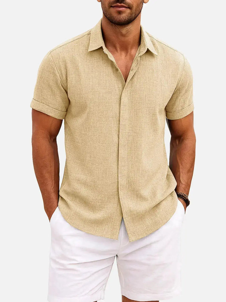 Linen Cotton Blend Short Sleeve Shirt for Men - Yellow