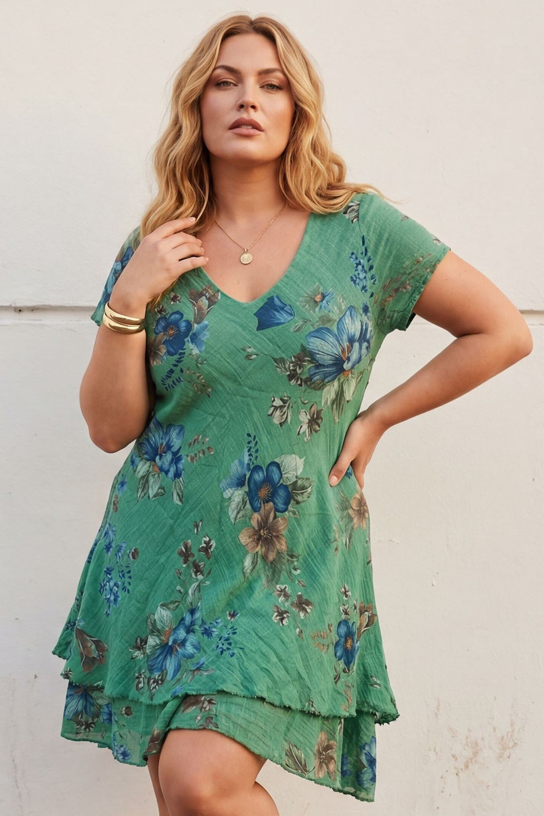 Flower Print Flared Hem Cotton Dress — Green