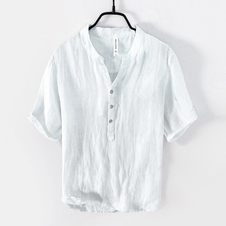 Solid Colour Half-Button Linen Cotton Shirt for Men - White