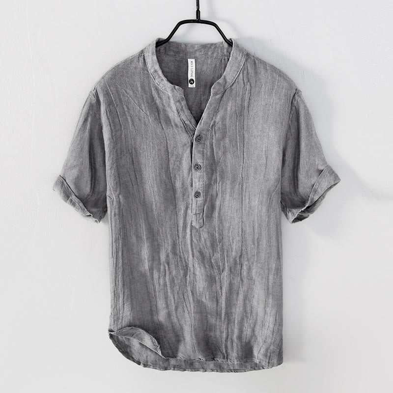 Solid Colour Half-Button Linen Cotton Shirt for Men - Grey