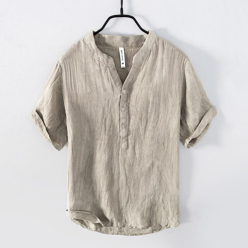 Solid Colour Half-Button Linen Cotton Shirt for Men - Linen