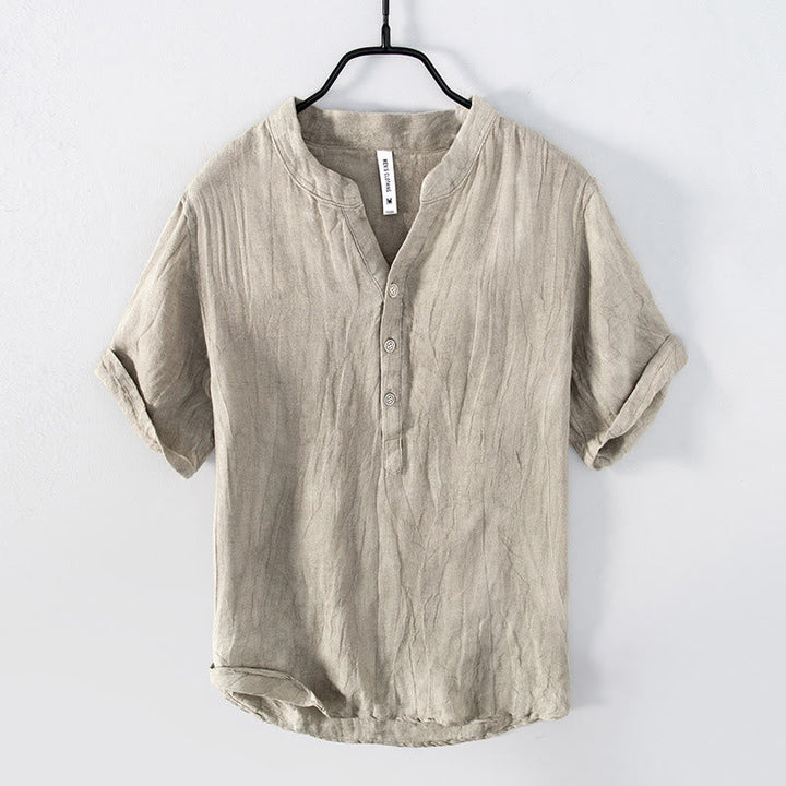 Solid Colour Half-Button Linen Cotton Shirt for Men - Linen
