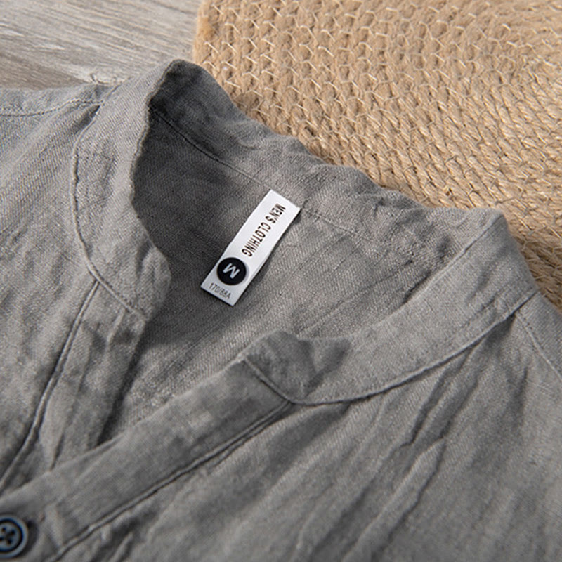 Solid Colour Half-Button Linen Cotton Shirt for Men - color_variant