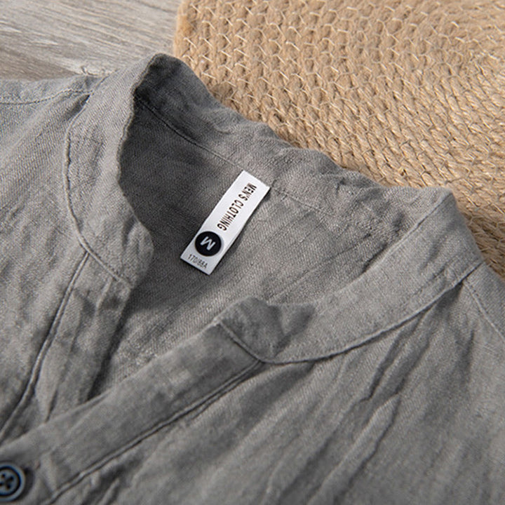 Solid Colour Half-Button Linen Cotton Shirt for Men - color_variant