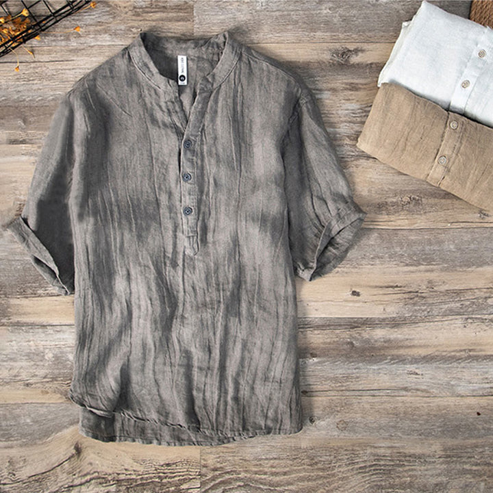 Solid Colour Half-Button Linen Cotton Shirt for Men - color_variant