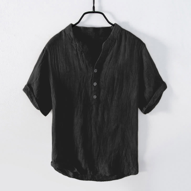 Solid Colour Half-Button Linen Cotton Shirt for Men - Black