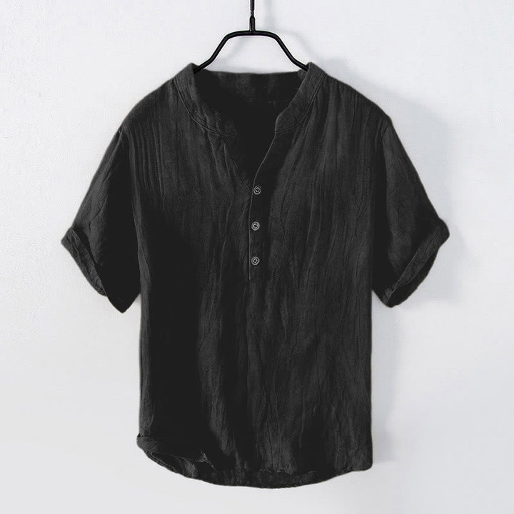 Solid Colour Half-Button Linen Cotton Shirt for Men - Black