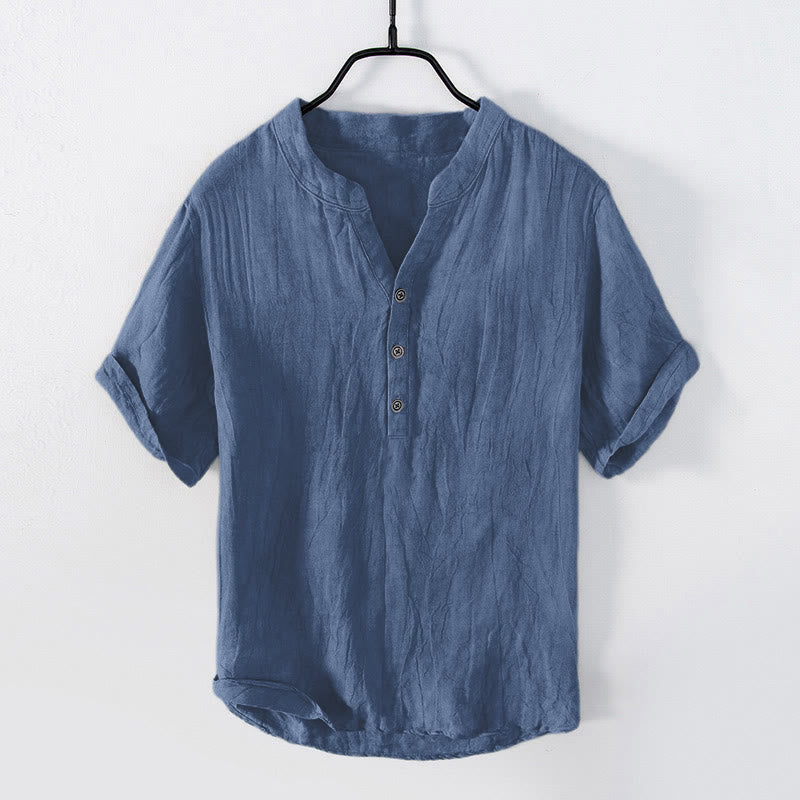 Solid Colour Half-Button Linen Cotton Shirt for Men - Steel Blue