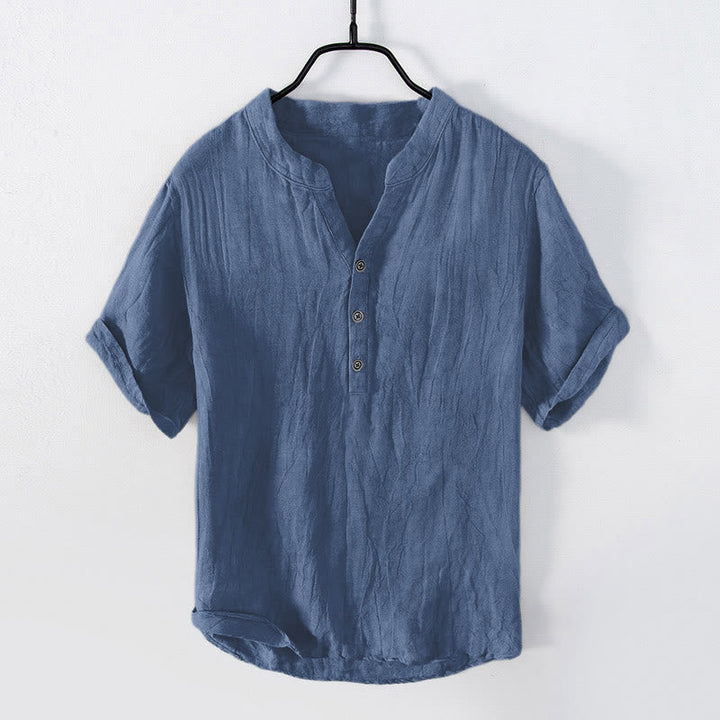 Solid Colour Half-Button Linen Cotton Shirt for Men - Steel Blue