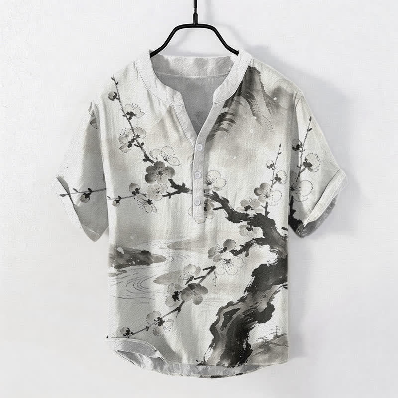 Ink Plum Blossom Print Short Sleeve Shirt for Men