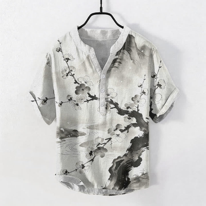 Ink Plum Blossom Print Short Sleeve Shirt for Men