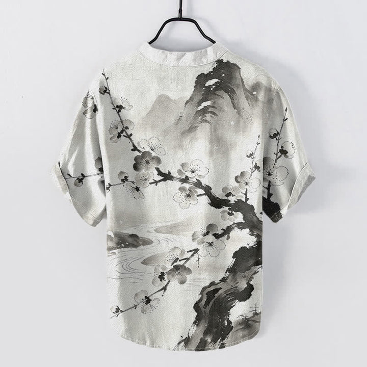 Ink Plum Blossom Print Short Sleeve Shirt for Men - gallery