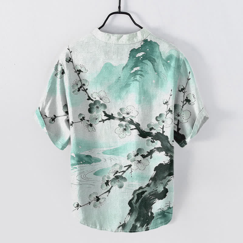 Ink Plum Blossom Print Short Sleeve Shirt for Men - Aquamarine