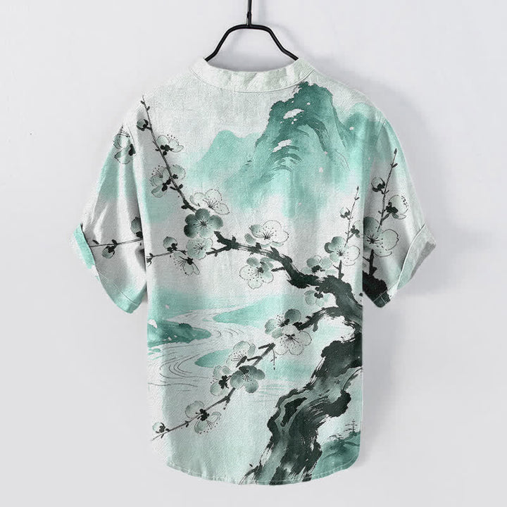 Ink Plum Blossom Print Short Sleeve Shirt for Men - Aquamarine