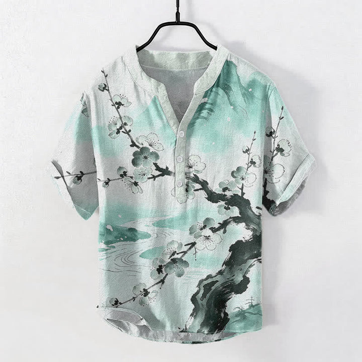 Ink Plum Blossom Print Short Sleeve Shirt for Men - gallery
