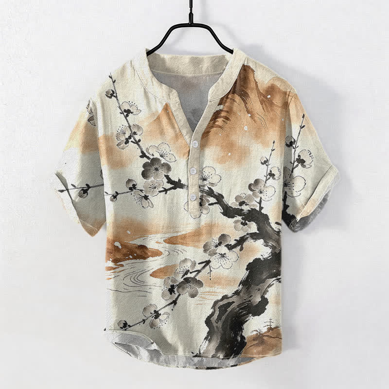 Ink Plum Blossom Print Short Sleeve Shirt for Men - Wheat
