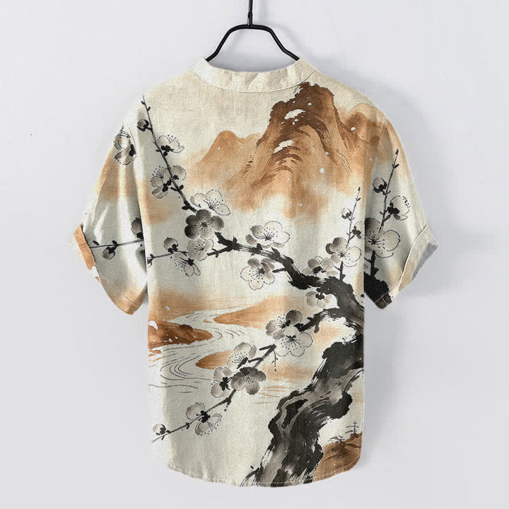 Ink Plum Blossom Print Short Sleeve Shirt for Men - gallery