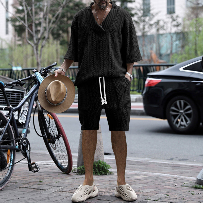Jacquard V-Neck T-Shirt and Drawstring Shorts Set for Men - Black