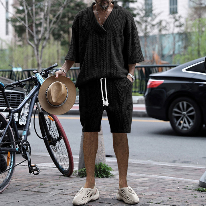 Jacquard V-Neck T-Shirt and Drawstring Shorts Set for Men - gallery