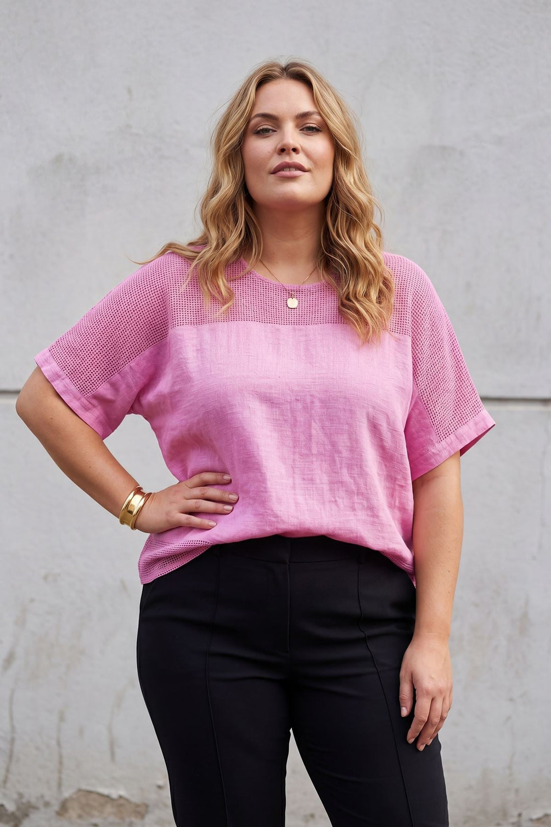 Textured Mesh Panel Tunic Cotton Top — Fuchsia