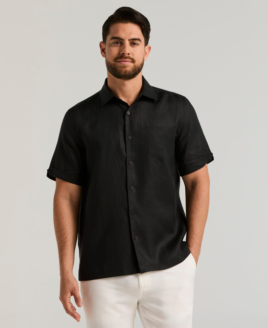 Classic Solid Pure Linen Short Sleeve Shirt for Men - Jet Black