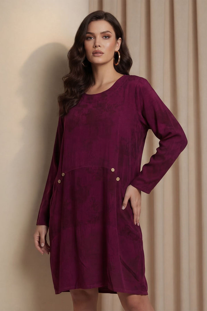 Floral Print Curved Hemline Side Slit Cotton Dress — Wine