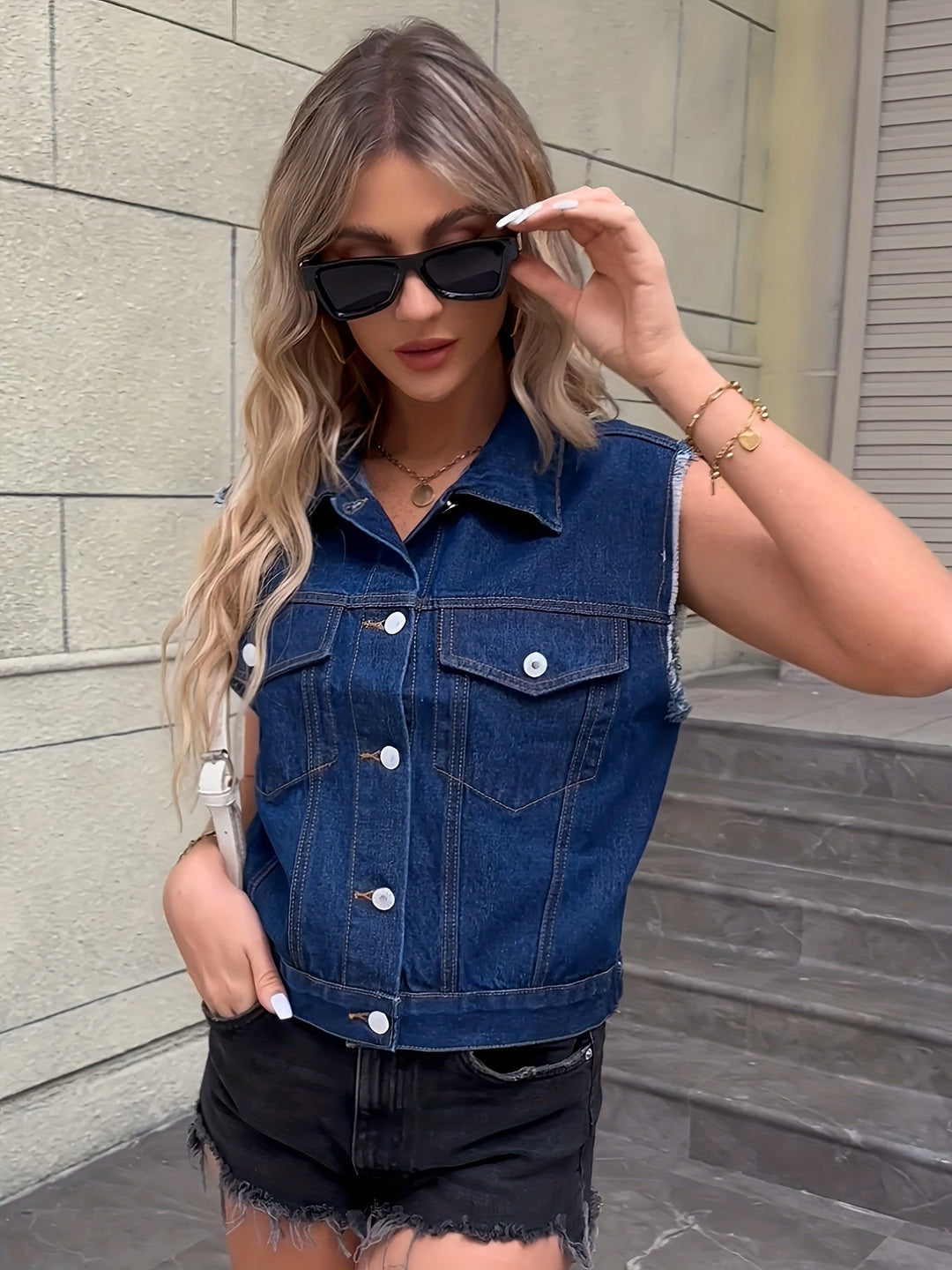 Sleeveless Denim Jacket with Flap Pockets