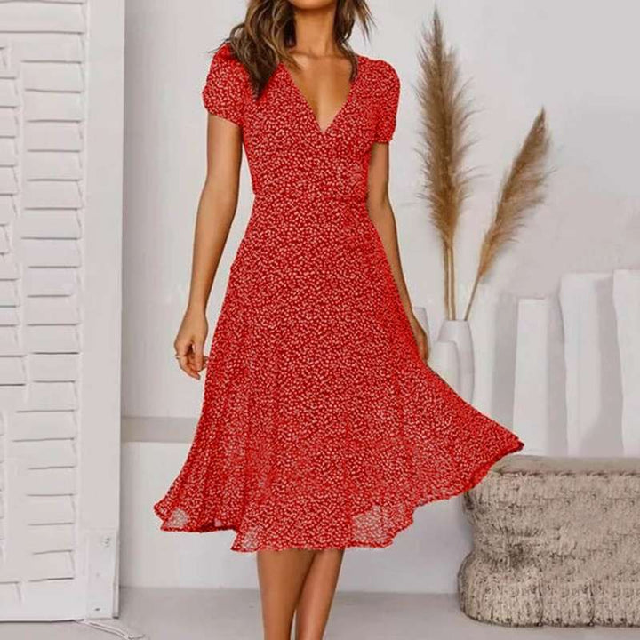 V-Neck A-Line Dress with a Flared Hem and Easy-Care Fabric